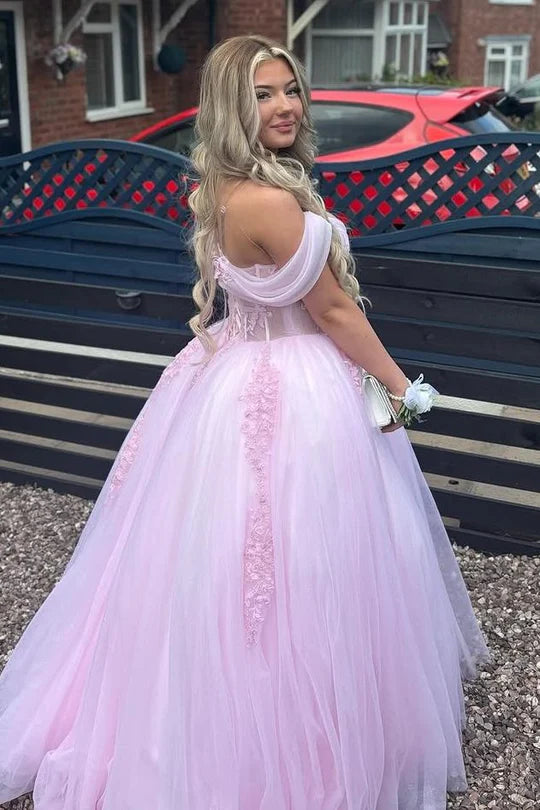 Pink Off-Shoulder Appliques Pleated Tulle Long Prom Gown